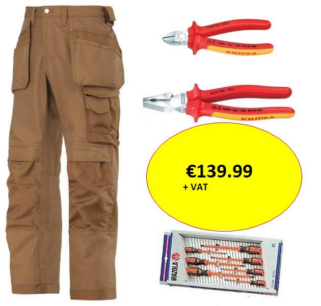A fantastic offer for the professional electrician. This offer includes Snickers best selling Canvas+ work trousers, a fully insulated 7 piece Irazola (Bahco) screwdriver set, also included in this offer is a Knipex VDE insulated 200mm pliers and a Knipex VDE insulated 180mm side cutters. This offer qualifies for free delivery.